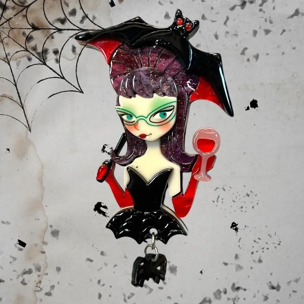 Halloween Cute Bat Umbrella Gothic Girl Brooch Pin - Goth or Punk